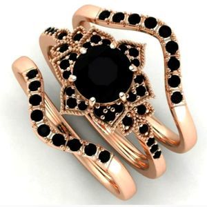 3 Piece Black Sapphire Ring on Rose Gold 925 Band- Women's Jewelry Diamond